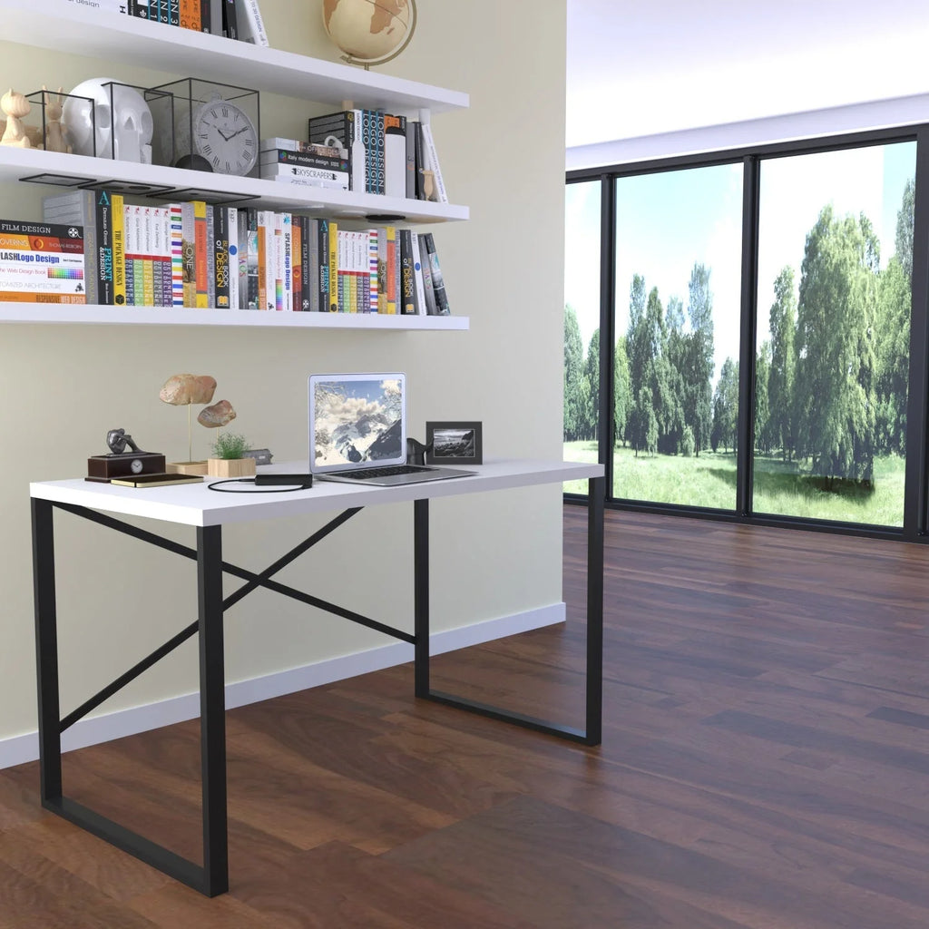 Black Metal Frame Wooden Top Writing and Computer Desk Q364550