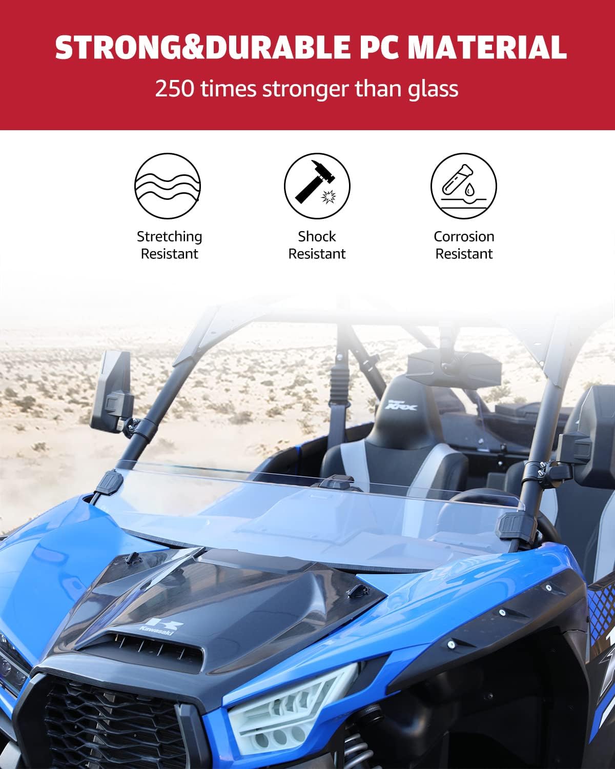Front Half Windshield for Kawasaki Teryx KRX 1000, Clear Hard Coated Vented Polycarbonate Windscreen V3949