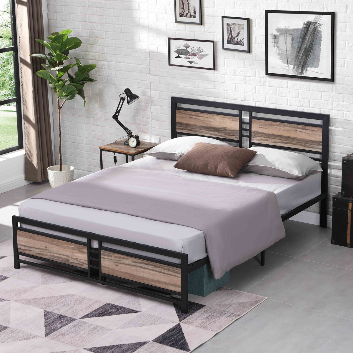 Queen Size Metal Platform Bed Frame with Wood Headboard and Footboard G476403