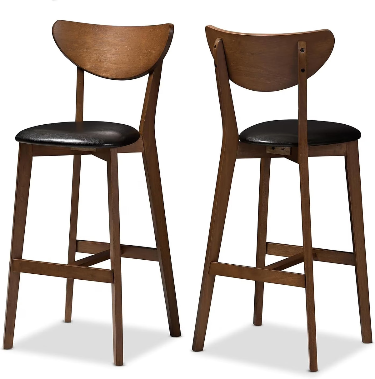 Faux Leather Stool with Back, Black and Walnut Brown, 2-Pieces/Set U9239