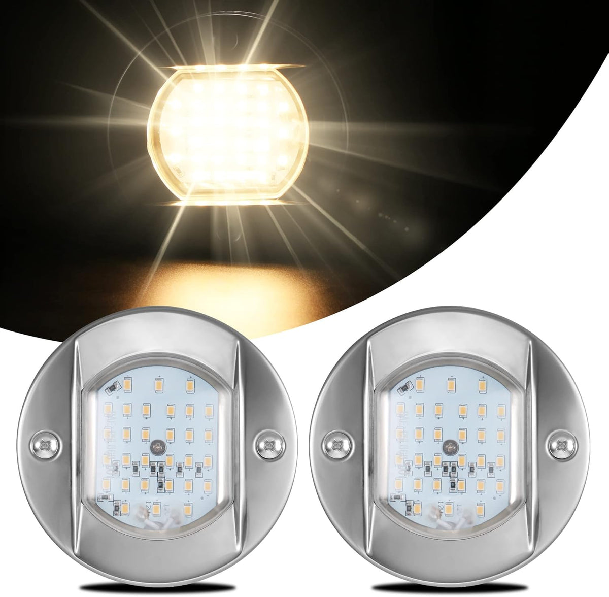 4 Round Marine Courtesy Indicator Lights, 1800LM 30LED IP68 Boat Transom Light Surface Mount Waterproof, 316 Stainless Steel, 2Pcs Cool White L241302