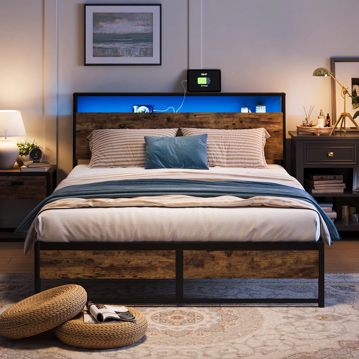 Full Size Platform Bed Frame with Headboard and Storage Shelves I226712