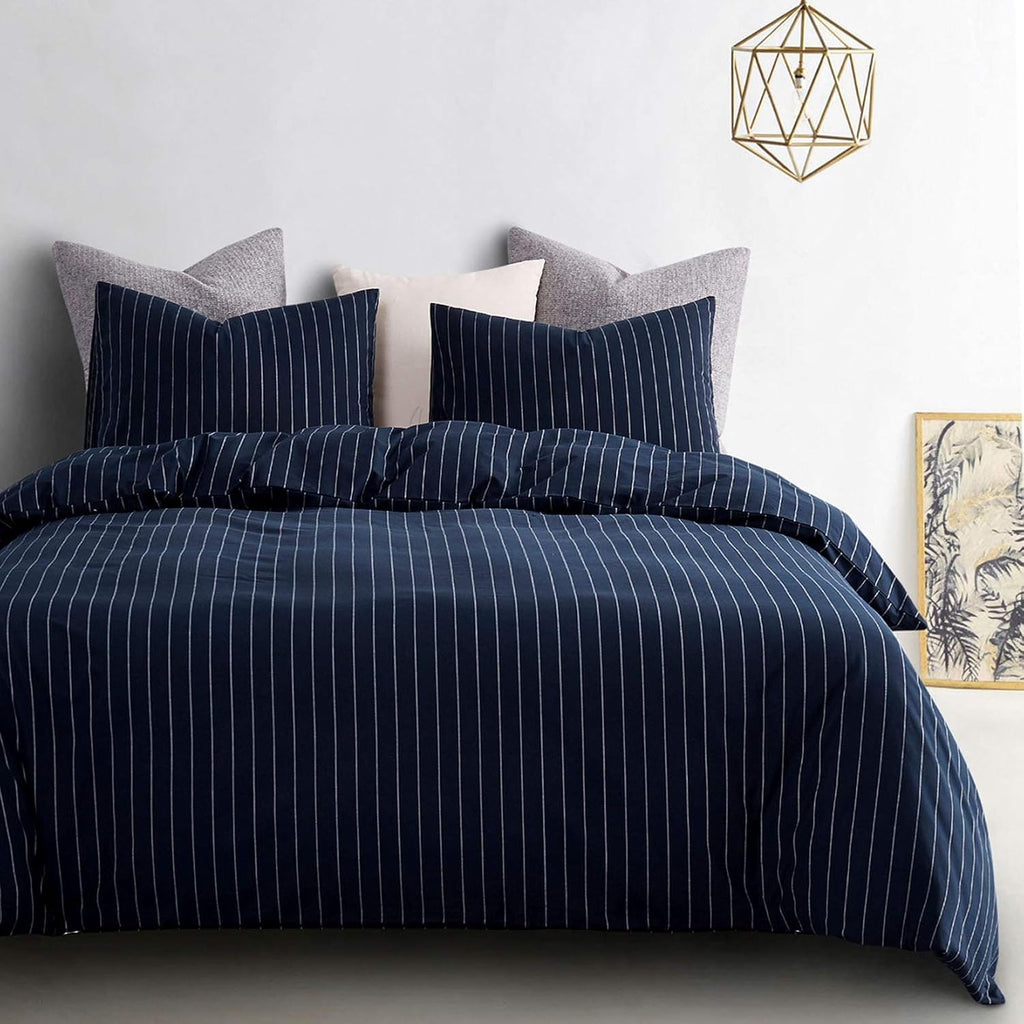 Navy Striped Comforter Set, 100% Washed Cotton, Queen Size F68683