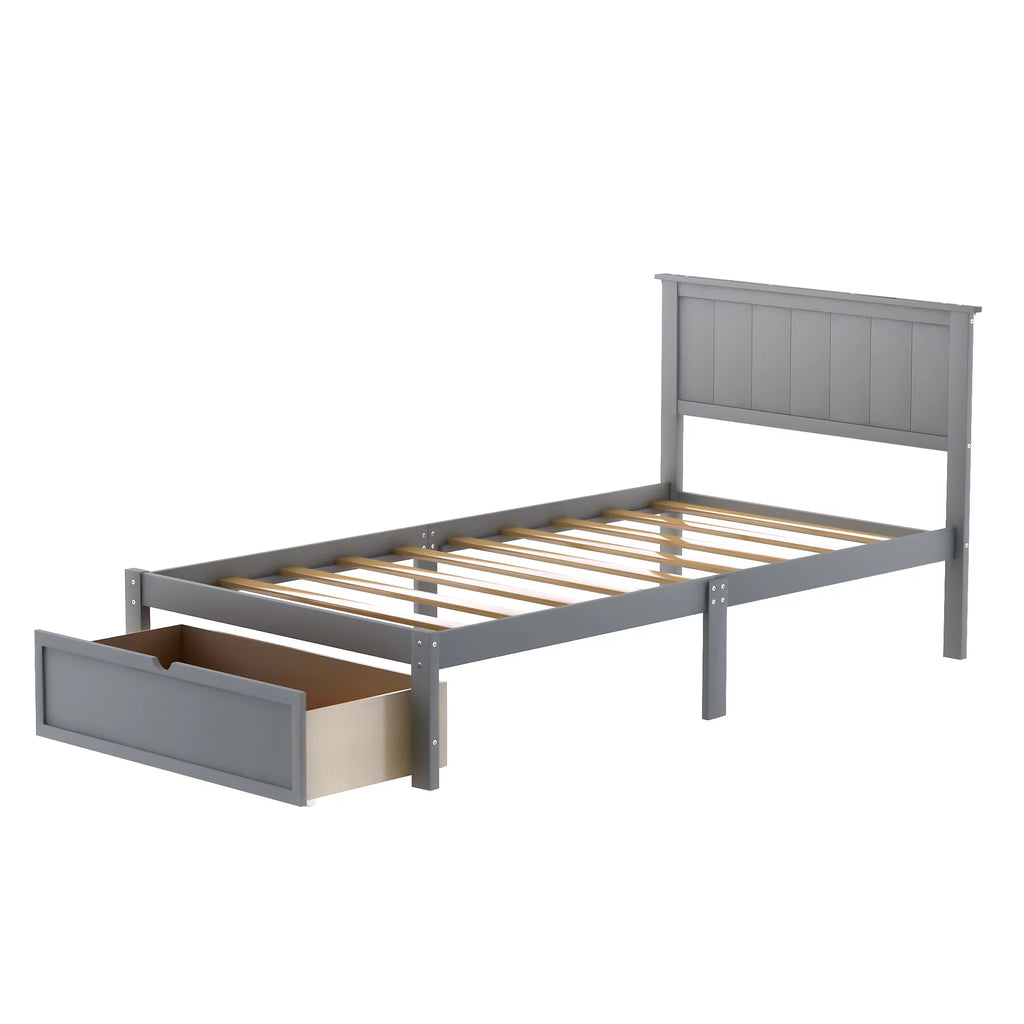 Twin Wood Platform Bed with Headboard & Storage Drawer A459039