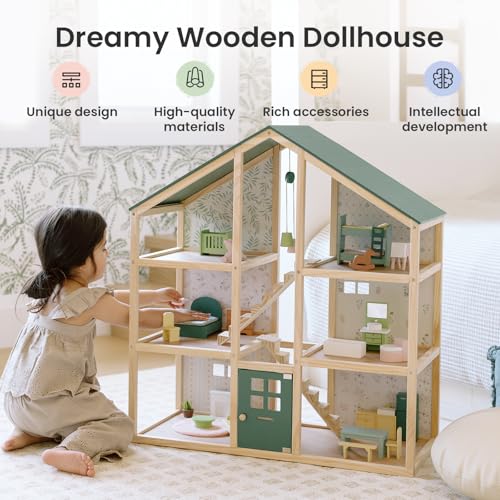 Wooden Dollhouse with 31Pcs Furniture Accessories D8240