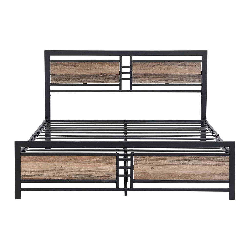 Queen Size Metal Platform Bed Frame with Wood Headboard and Footboard G476403